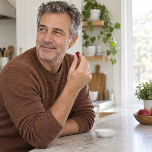 Man in his fifties at a kitchen counter holding a Berberine & Cinnamon gummy